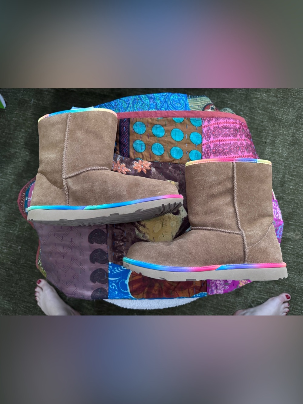 UGG Kids Tan Brown Tread Winter Boots - With rainbow trim